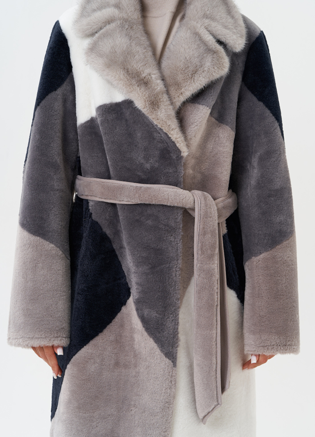 Двухсторонняя эко дубленка с поясом модель № 27776 в рассрочку