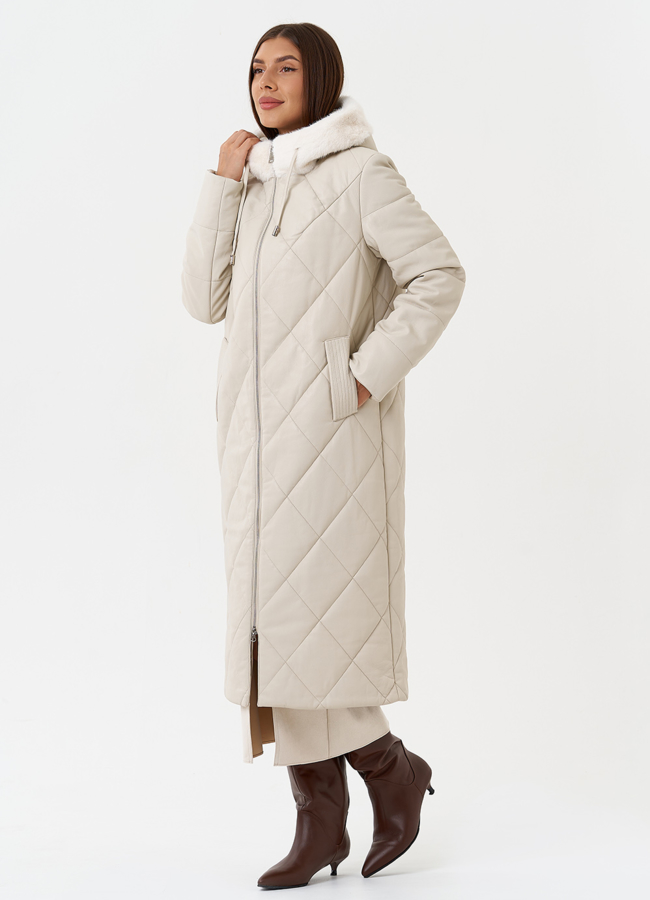 фото Женский стеганый пуховик из эко кожи с капюшоном модель № 27731