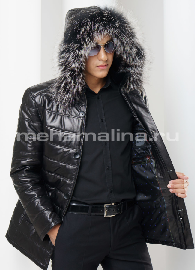 Кожаный пуховик модель № ПМ-69 универмаг малина