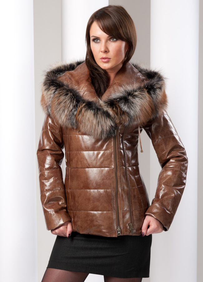 Кожаный пуховик модель № П-6 меха малина