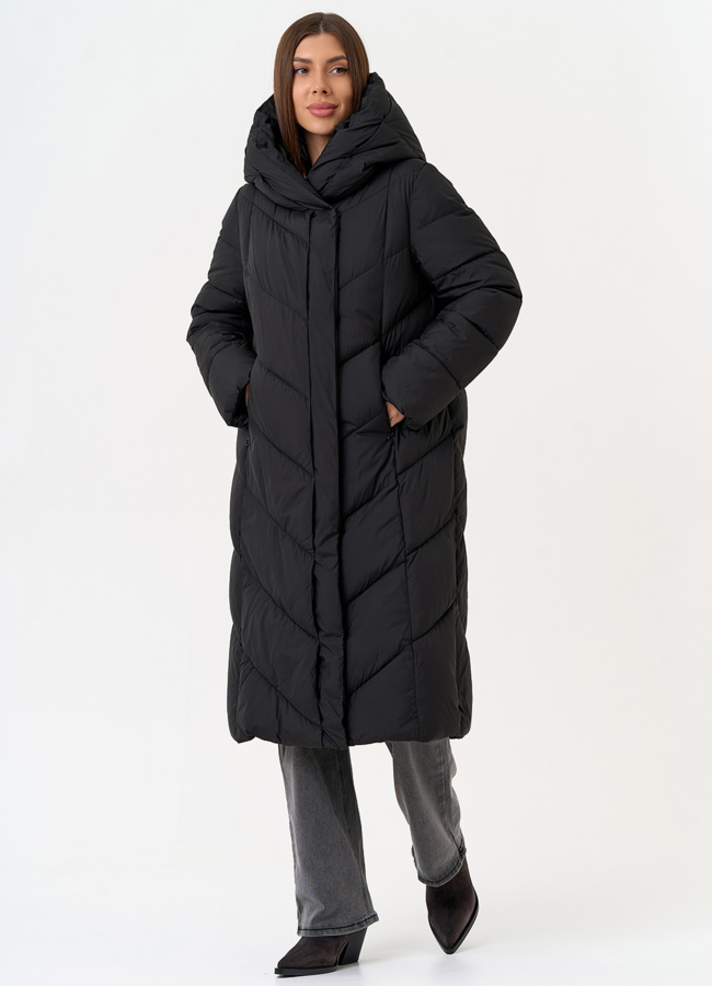 Женский пуховик черного цвета с поясом модель № 31603 универмаг малина