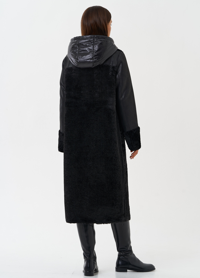 Двухсторонняя дубленка из эко кожи с капюшоном модель № 28563 универмаг малина