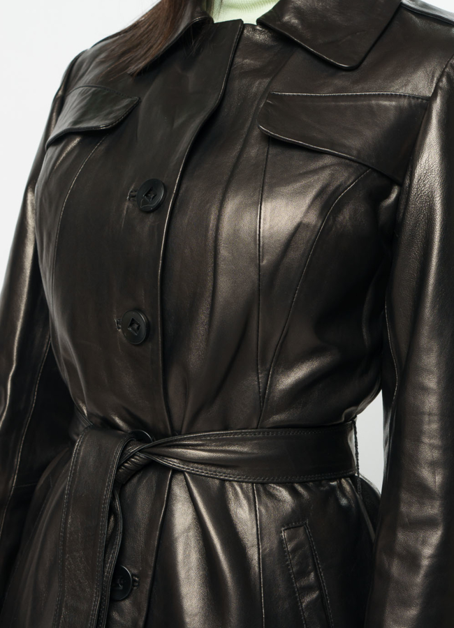 Женское кожаное пальто на поясе модель № 2107 универмаг малина