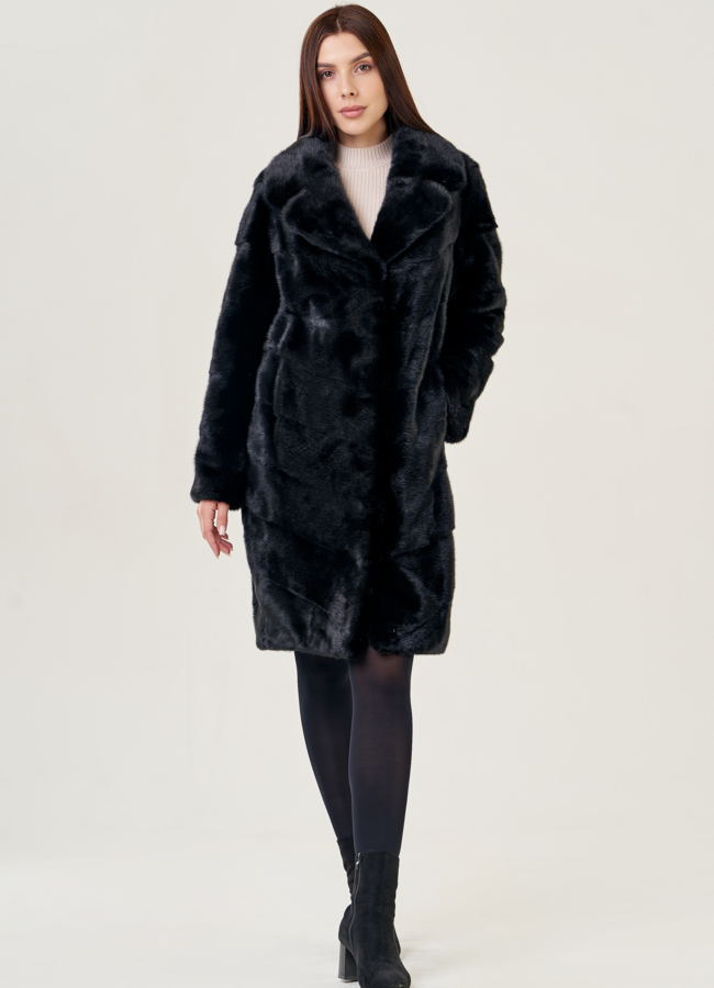 фото Норковая шуба с английским воротником в черном цвете модель № 23110