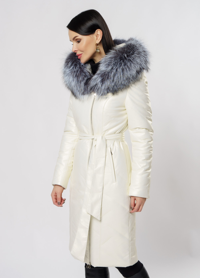 Пуховик из эко кожи на молнии с капюшоном модель № 19345 в кредит