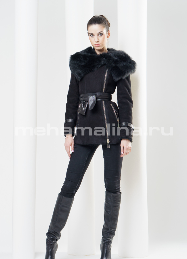 Укороченная дубленка с капюшоном модель № D-144 в рассрочку