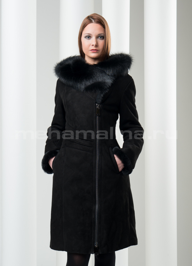 Дубленка с капюшоном на молнии модель № D-84 меха малина