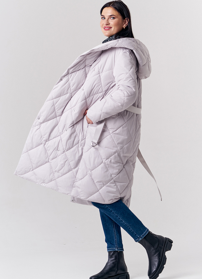 Женский пуховик в сером цвете с капюшоном модель № 21681 универмаг малина