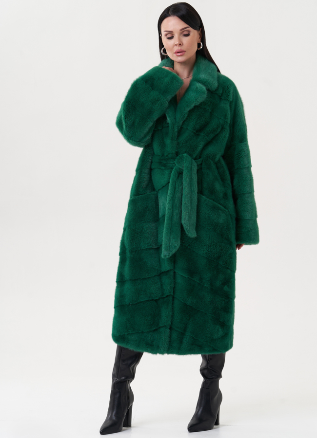 фото Норковая шуба зеленого цвета с поясом модель № 23820