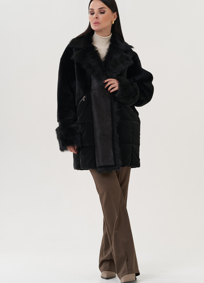 Женский пуховик с отделкой из тосканы  модель № 25910 меха малина