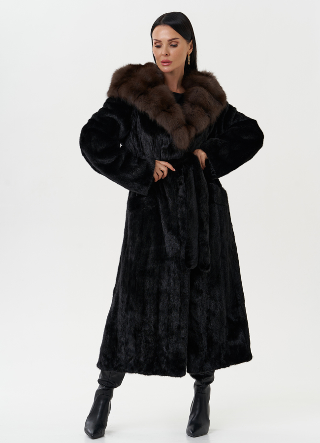Шуба из норки с капюшоном из меха куницы модель № 28023 универмаг малина