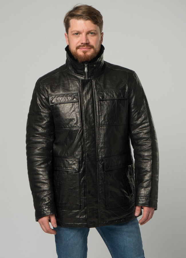 Мужской пуховик из натуральной кожи черного цвета модель № 21922 универмаг малина