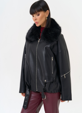 Женская утепленная куртка из эко кожи черного цвета Женская утепленная куртка из эко кожи черного цвета