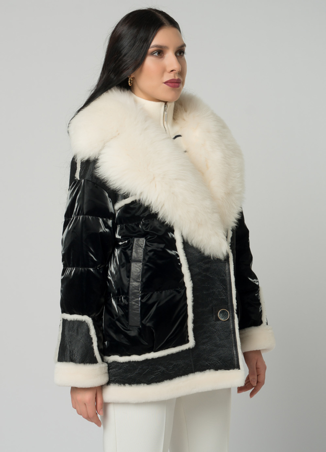 Женский пуховик с отделкой из овчины модель № 21865 универмаг малина