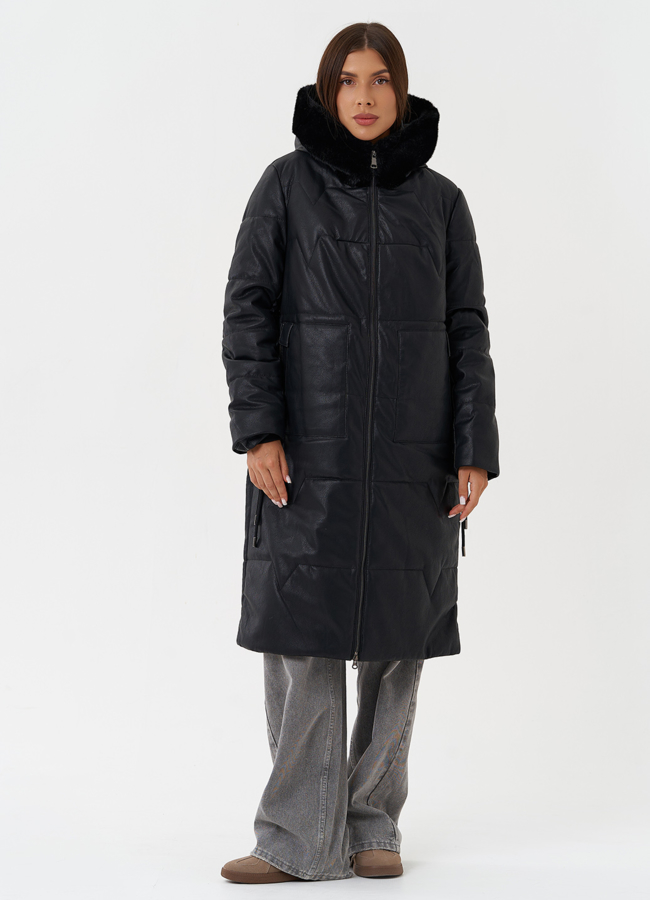 Стеганое пальто из эко кожи модель № 27732 меха малина