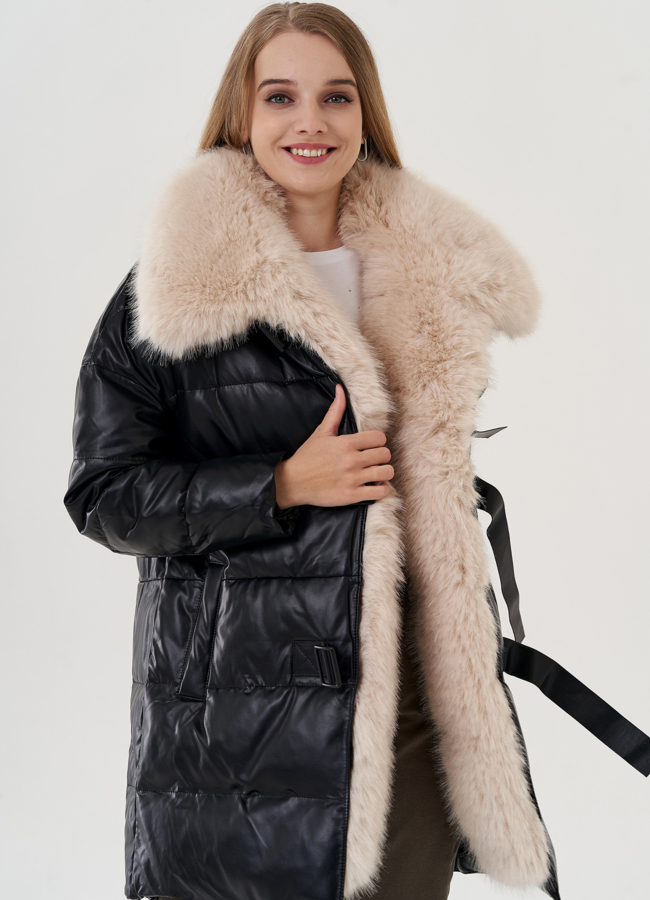 Пуховик из эко кожи с воротником из эко меха  модель № 24868 универмаг малина