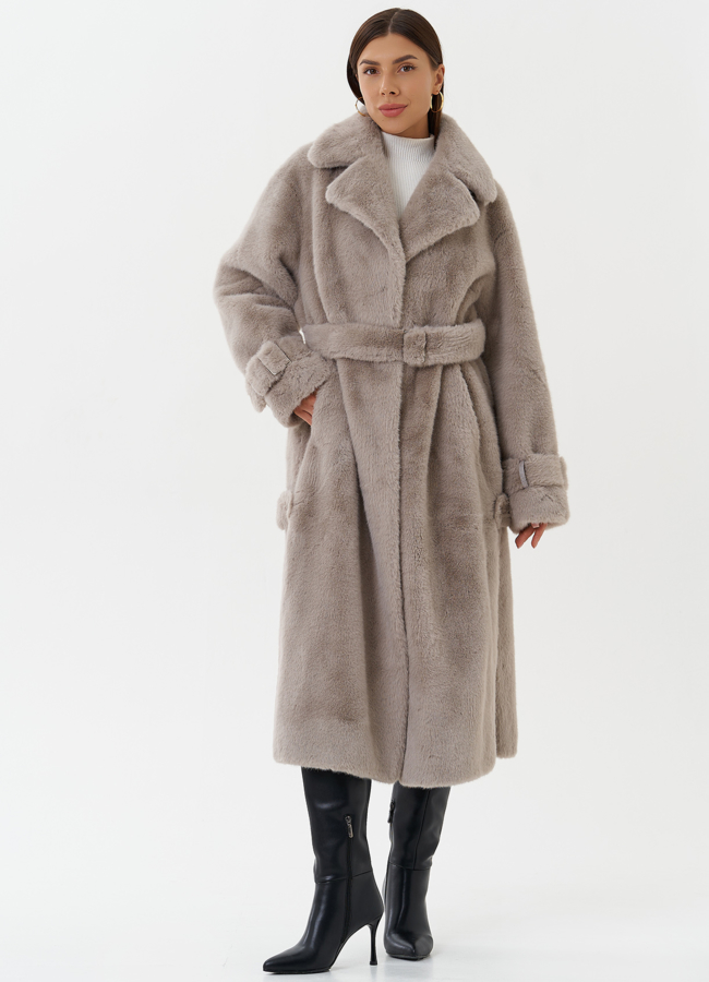 Пальто из экомеха с поясом  модель № 27796 меха малина