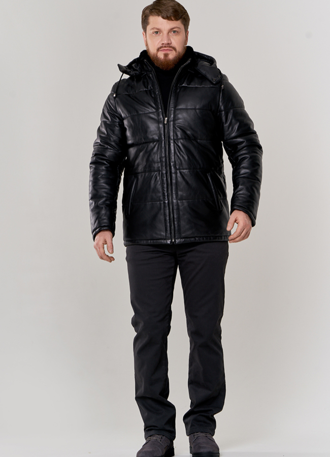фото Зимняя кожаная куртка с капюшоном модель № П-511
