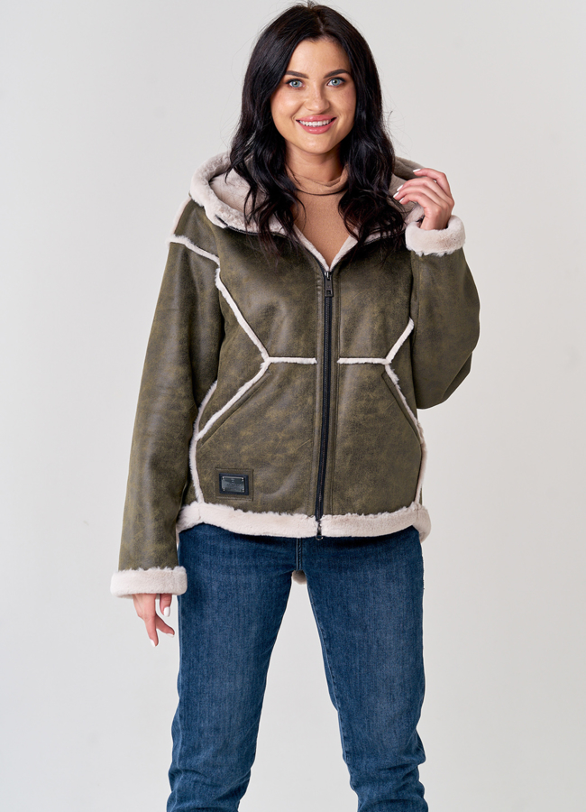 Женская дубленка с капюшоном модель № 21153 меха малина