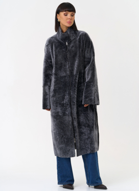 Женская двухсторонняя дубленка с воротником стойкой