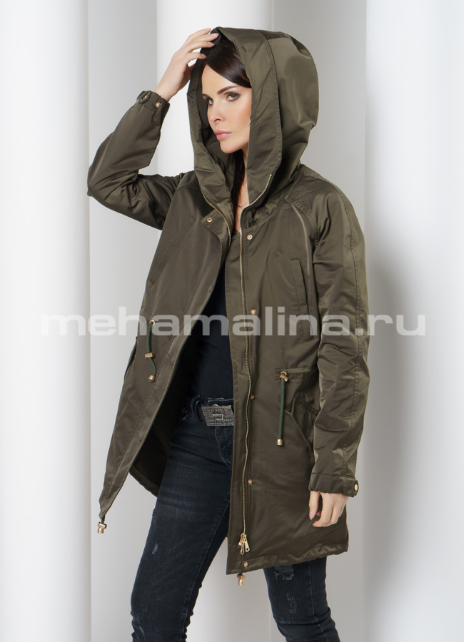 Укороченная парка в цвете хаки, отделка блюфрост модель № 08 универмаг малина