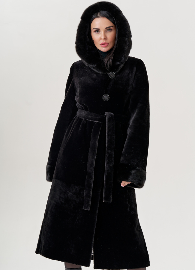 Шуба из овчины с капюшоном  модель № 77717 меха малина