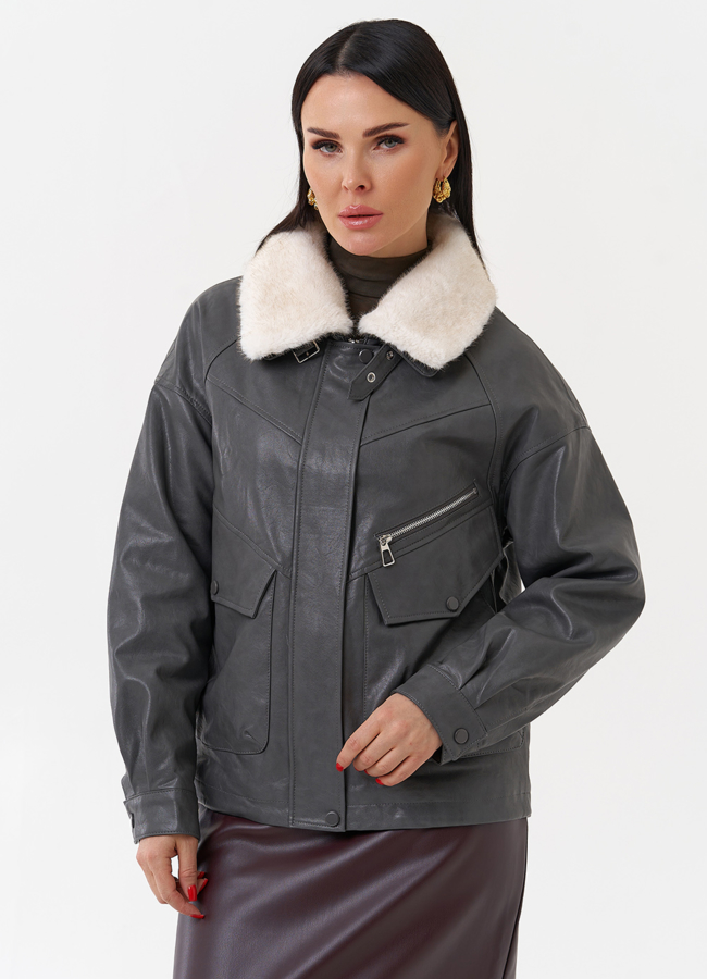 Куртка из эко кожи на утеплителе с натуральным мехом модель № 2180 меха малина