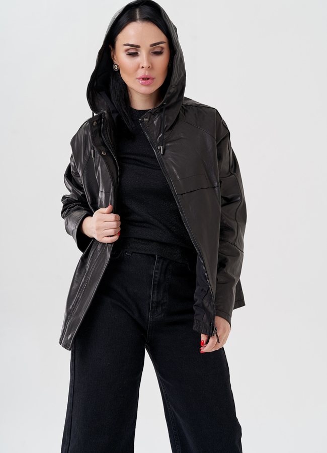 Женская куртка из натуральной кожи с капюшоном  модель № 24091 универмаг малина