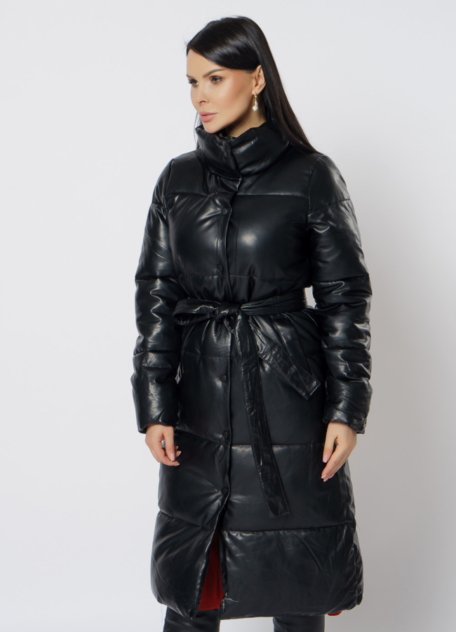 Пальто из эко кожи в черном цвете модель № 21714 универмаг малина