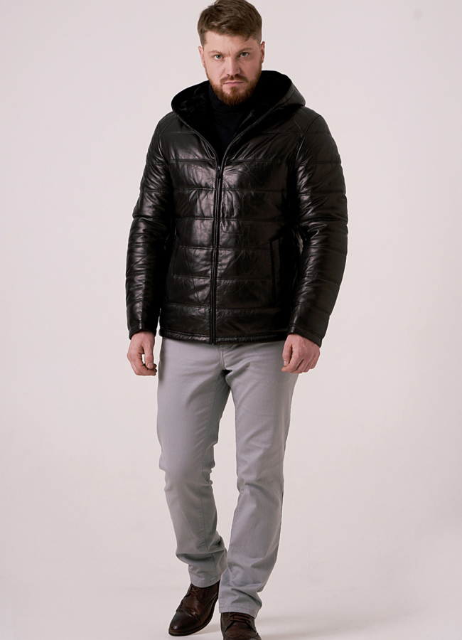 Пуховик из натуральной кожи с капюшоном модель № 3289 меха малина