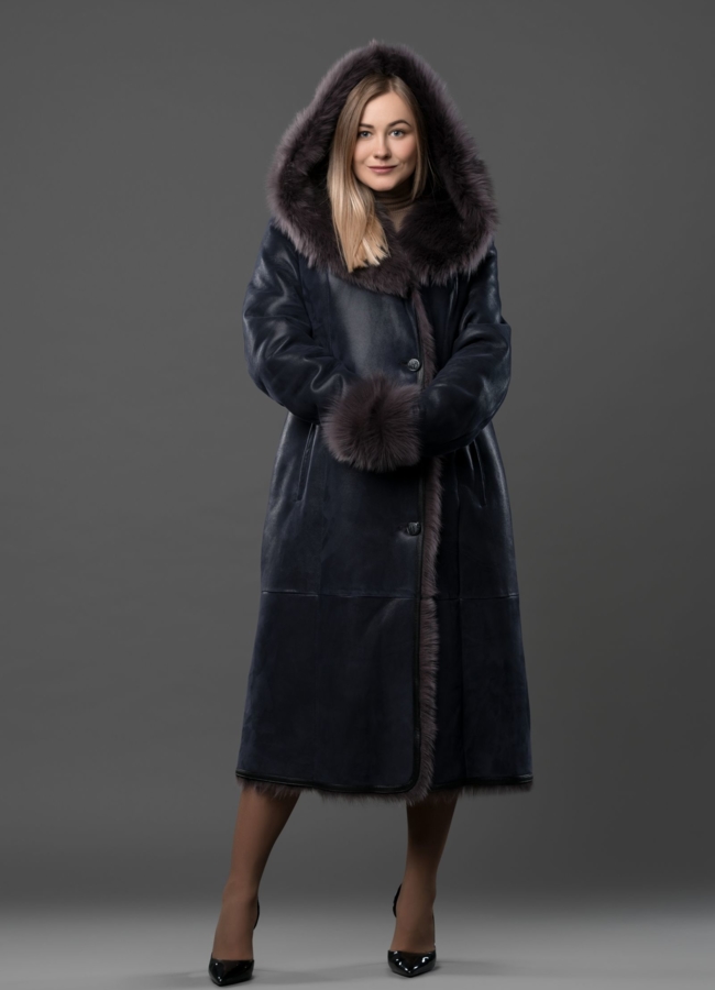 Удлиненная дубленка синего цвета, мех тоскана модель № 7463 в рассрочку