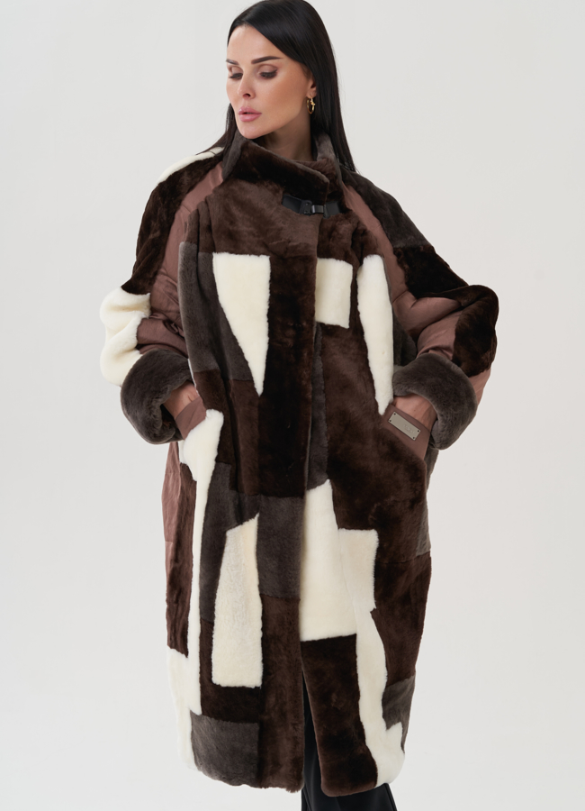 Пальто утепленное с овчиной модель № 25486 меха малина