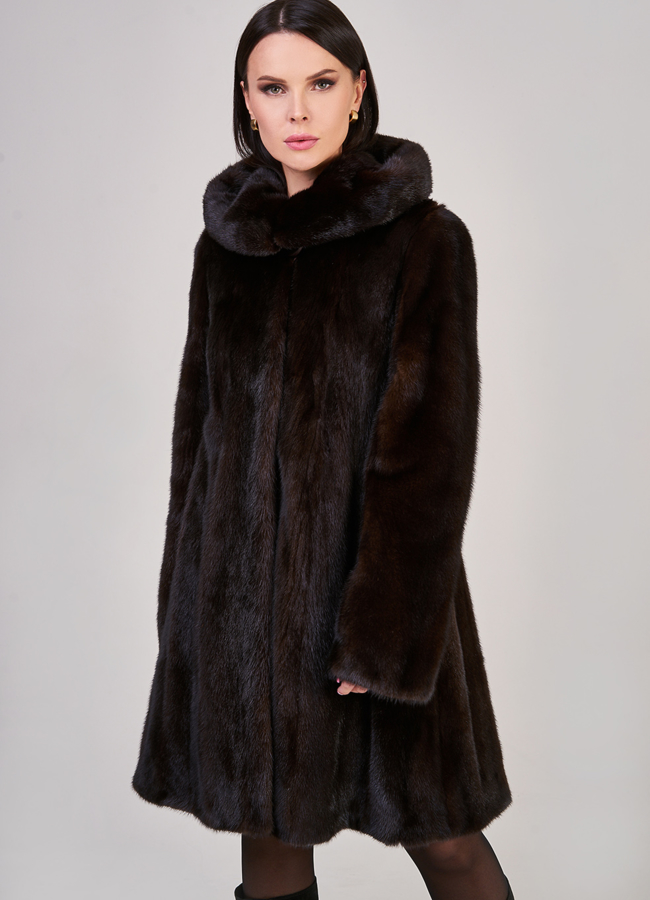фото Норковая шуба в цвете махагон с капюшоном модель № S-846