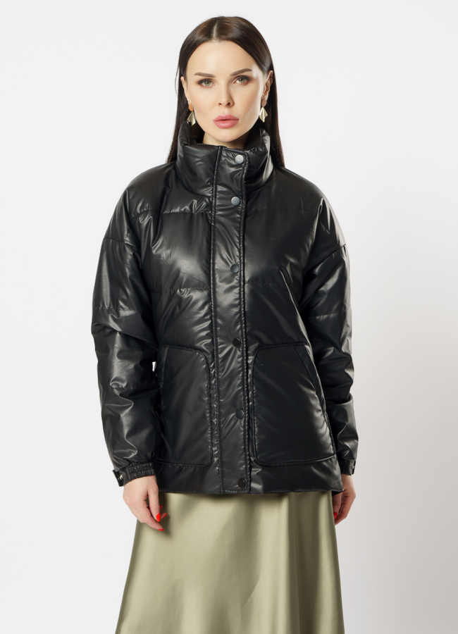 Куртка утепленная из эко кожи черного цвета модель № 215 меха малина