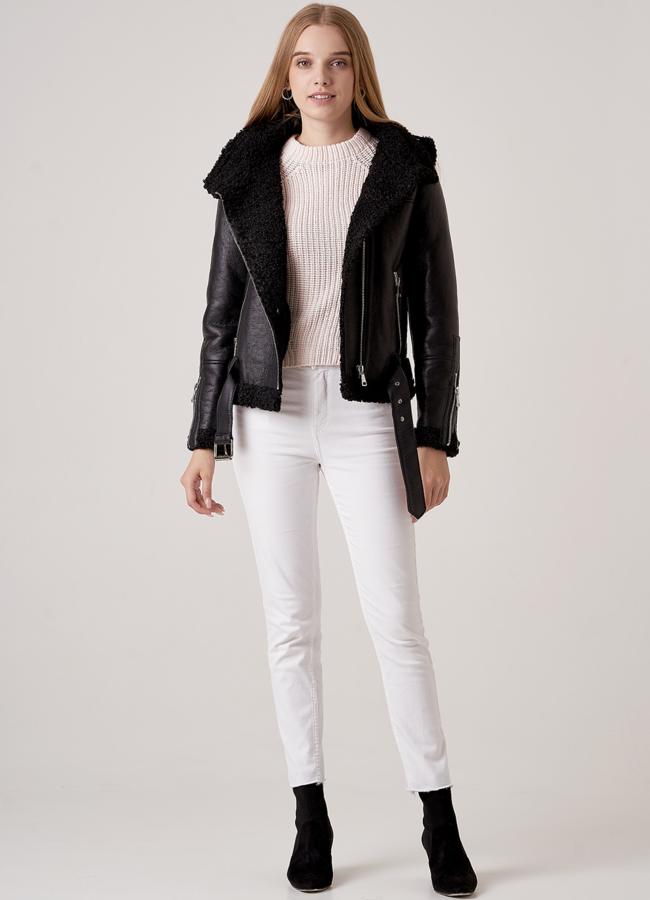 Дубленка из искусственного меха с капюшоном модель № 18807-1 в рассрочку