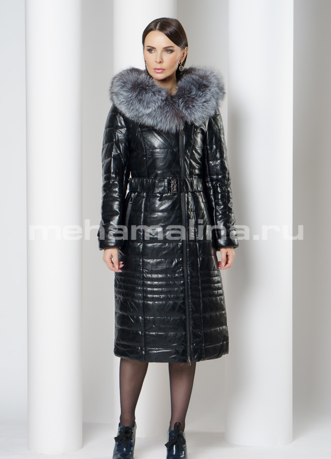 Пуховик из эко кожи на молнии с капюшоном модель № 1915 в кредит
