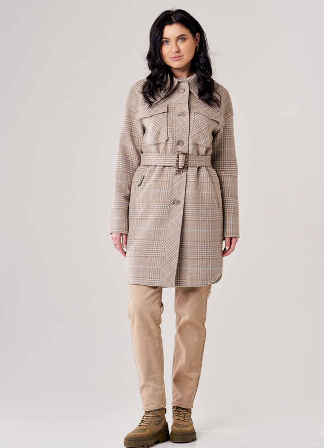 фото Женское пальто-рубашка бежевого цвета модель № 20850