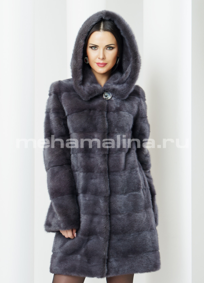 Норковая шуба цвет графит модель № S-382 меха малина