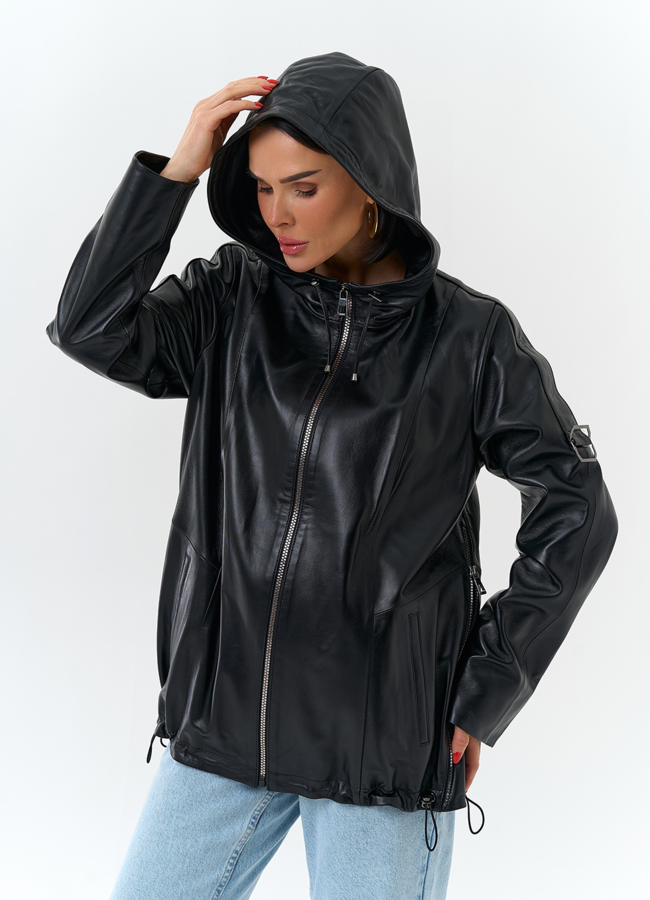 Женская куртка из натуральной кожи с капюшоном модель №  универмаг малина