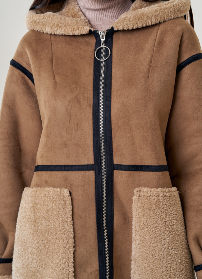 Женская дубленка из искусственного меха с капюшоном  модель № 22958 универмаг малина