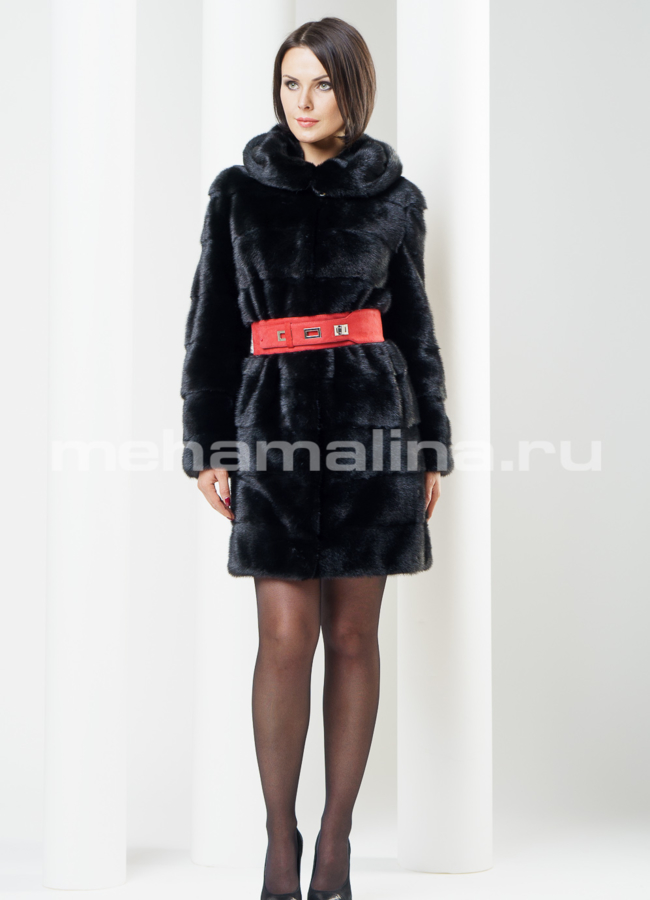 фото Шуба норка черная, поперечка с капюшоном.  модель № S-236