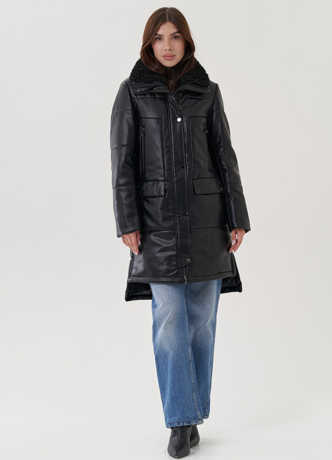 Пуховик из эко кожи с отделкой воротника модель № 25344 меха малина