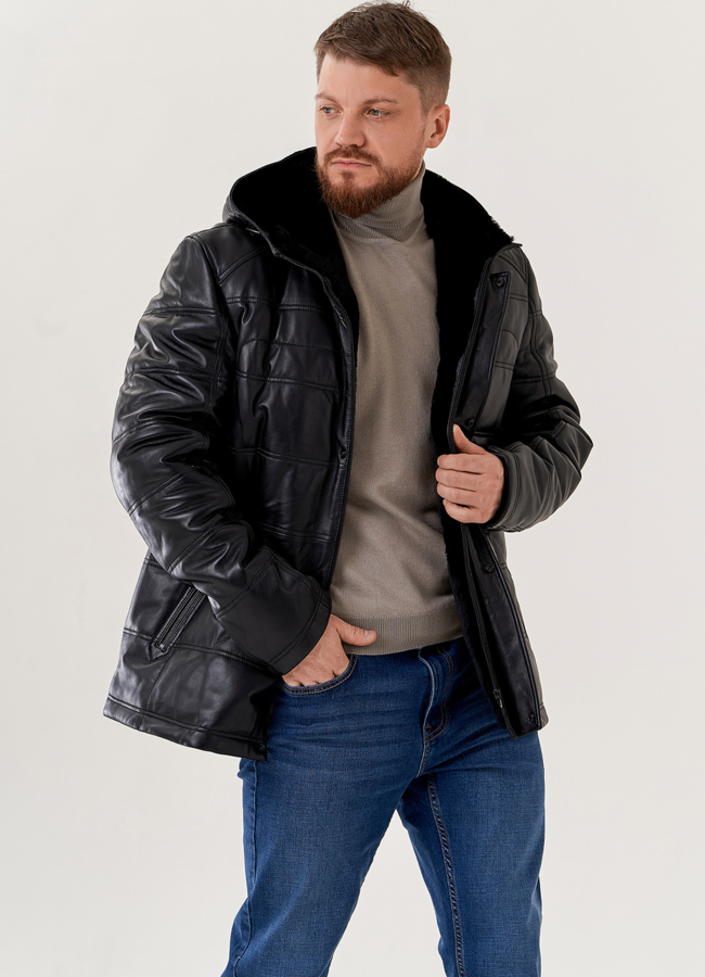 Мужской пуховик из натуральной кожи с капюшоном  модель № 79613 в кредит