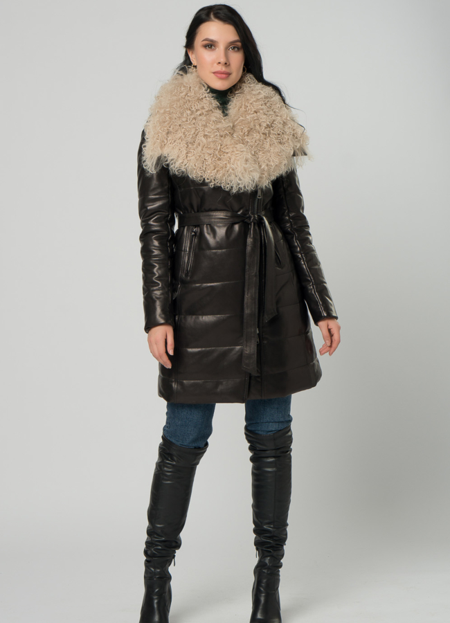 фото Пуховик из натуральной кожи с мехом модель № 72916
