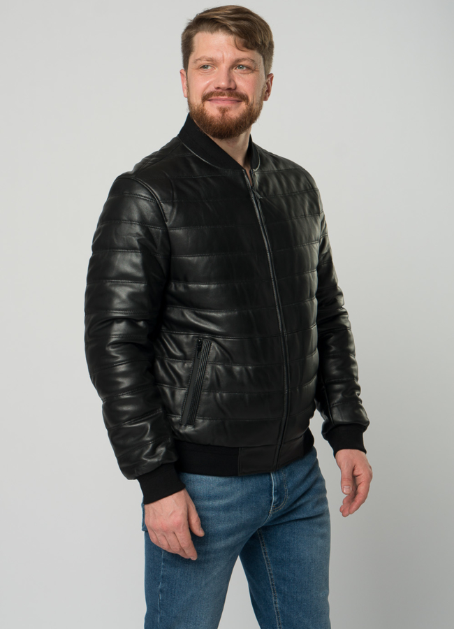 Мужская утепленная куртка-бомбер из натуральной кожи  модель № 18500 в рассрочку