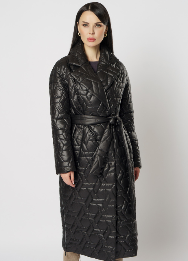 Черное длинное пальто  модель № 17786 меха малина