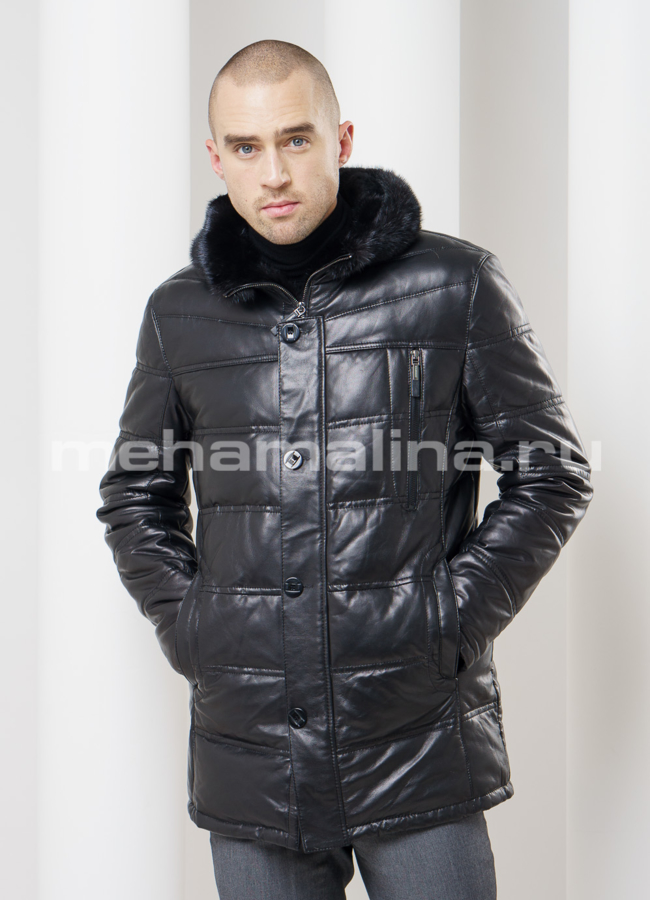 Кожаный пуховик модель № ПМ-56 меха малина