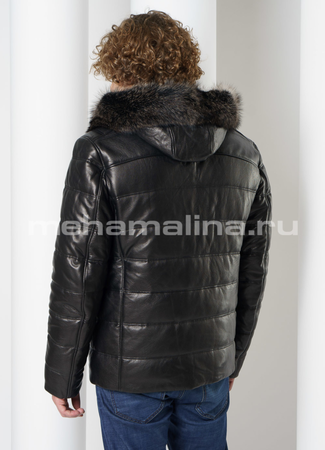 Кожаный пуховик черного цвета с капюшоном модель № KP-232 в кредит