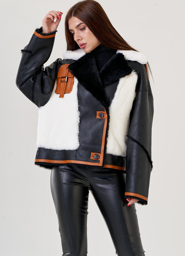 Женская дубленка косуха черного цвета модель № 23354 в рассрочку