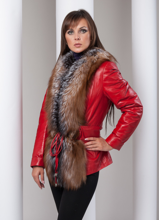 Кожаная куртка утепленная модель № K-135 меха малина